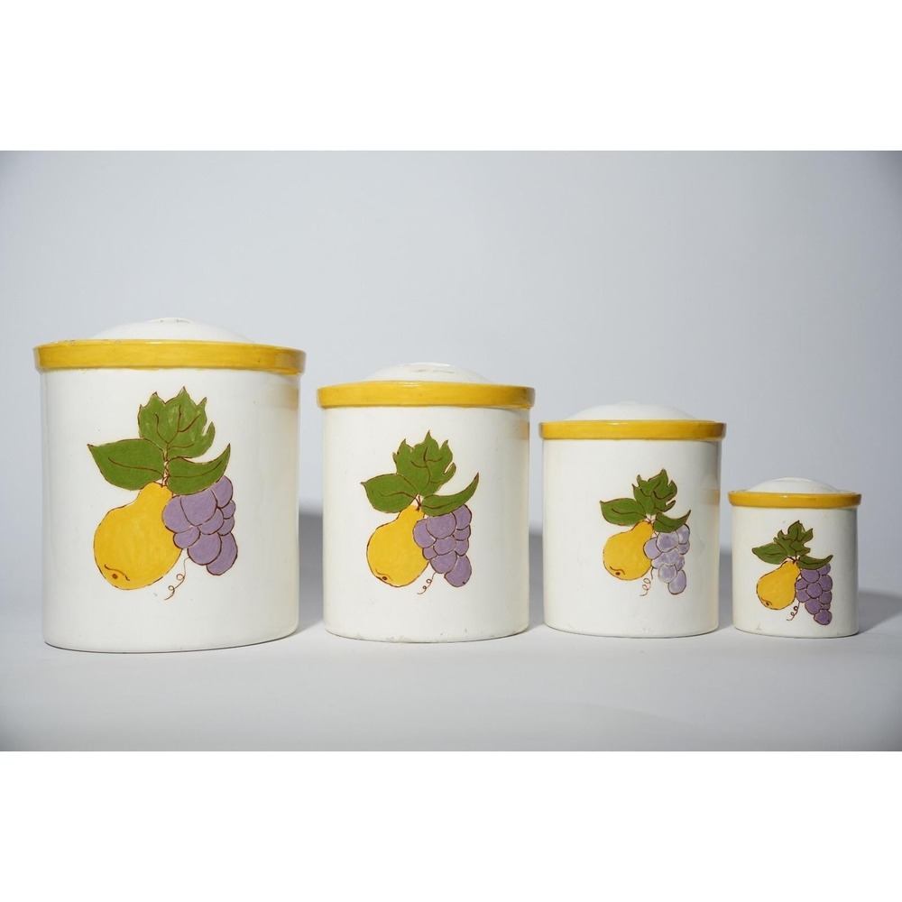 Vintage Liz YDE Ceramic Pottery Food Storage Cookie Jars, Grapes, Pears, Yellow